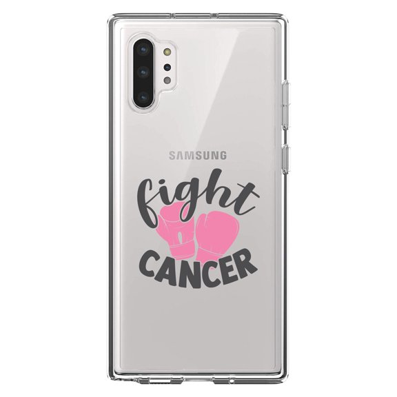 DistinctInk Clear Shockproof Hybrid Case for Galaxy Note 10 PLUS (6.8" Screen) - TPU Bumper Acrylic Back Tempered Glass Screen Protector - Pink Ribbon Cancer - Fight Boxing Gloves