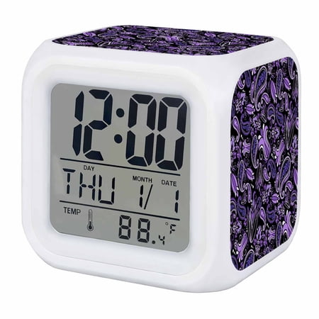 Alarm Clocks Purple Flower Digital Clock 7 Color LED Night Light Silent Non-Ticking Battery Operated Abstract Retro Floral Cube Clocks Decorative for Bedroom Bedside Living Room Office School Decor