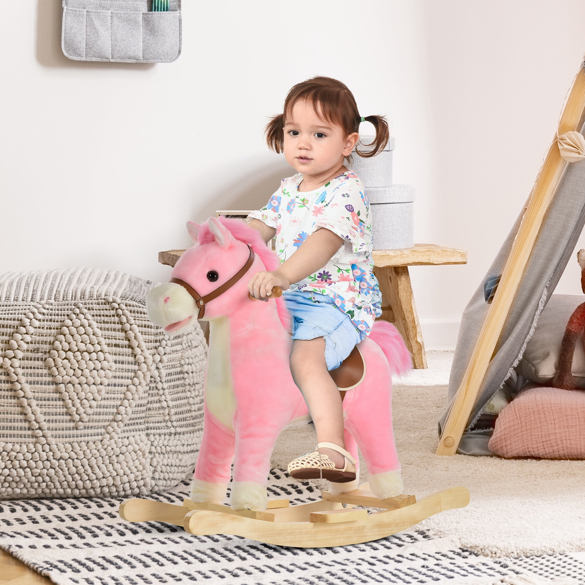 Qaba Rocking Horse Plush Animal on Wooden Rockers with Sounds, Wooden Base, Baby Rocking Chair for 36-72 Months, Pink