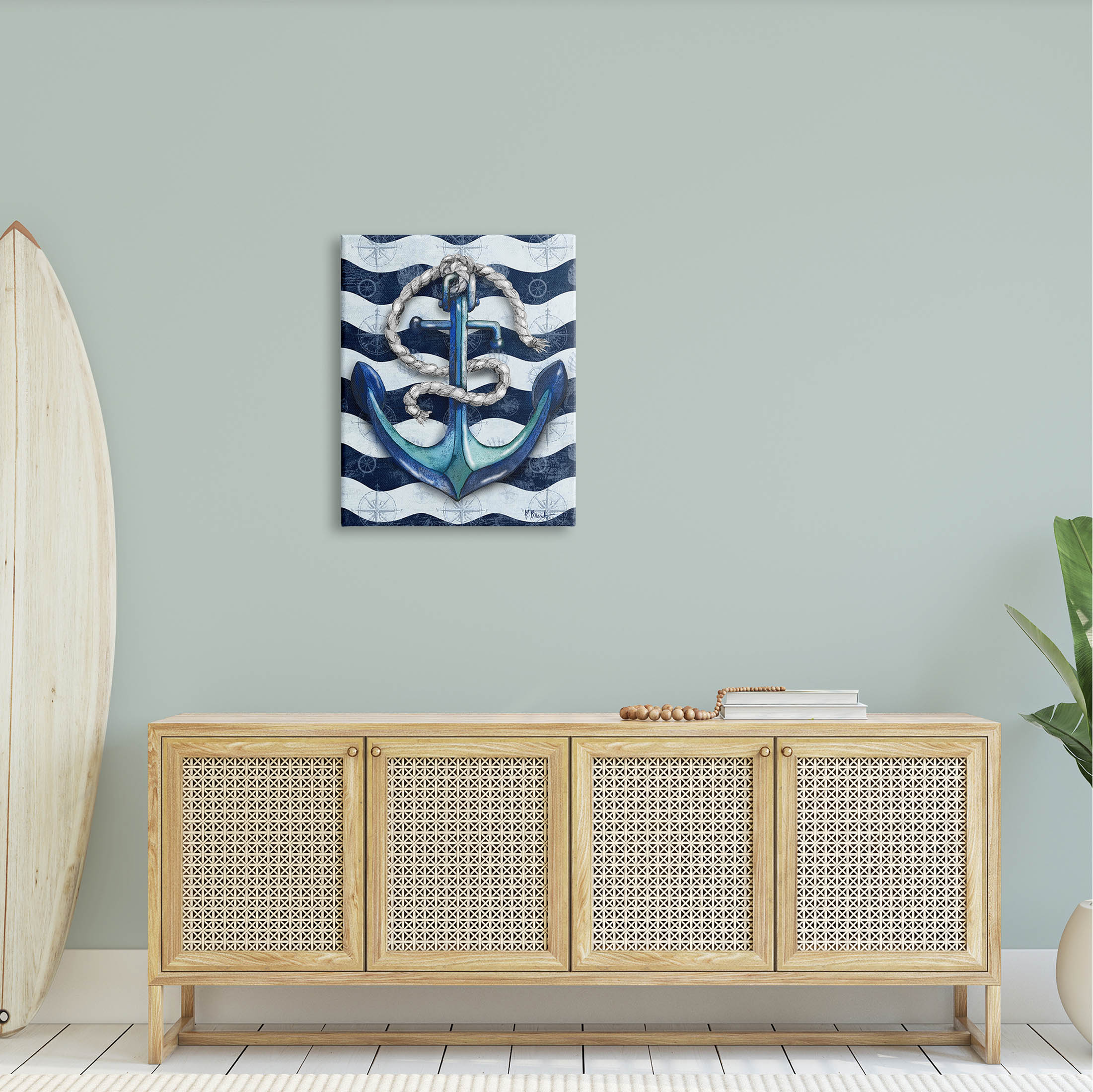 Stupell Industries Nautical Anchor Wavy Navy Stripes Graphic Art Gallery Wrapped Canvas Print Wall Art, Design by Paul Brent