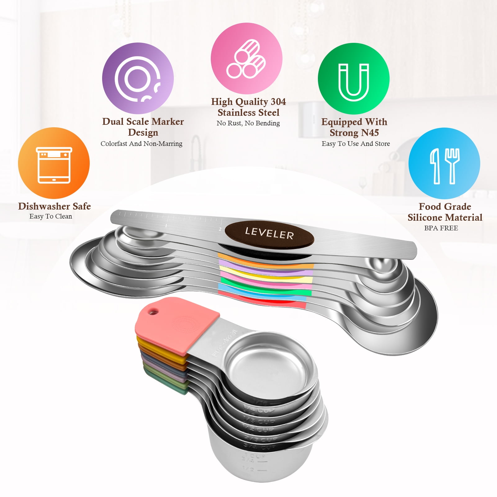 Godance Magnetic Measuring Cups and Spoons Set Including 7 Stainless Steel Stackable Measuring Cup 8 Double Sided Magnetic Measuring Spoons with 1 Leveler for Dry and Liquid Ingredients(Multicolor)