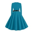 thumbnail image 6 of Women's Midi Dress Long Sleeve Crew Neck Solid Color Vintage Casual Belted Waist Dress for Spring Fall Everyday Wear,Sky Blue,M, 6 of 6