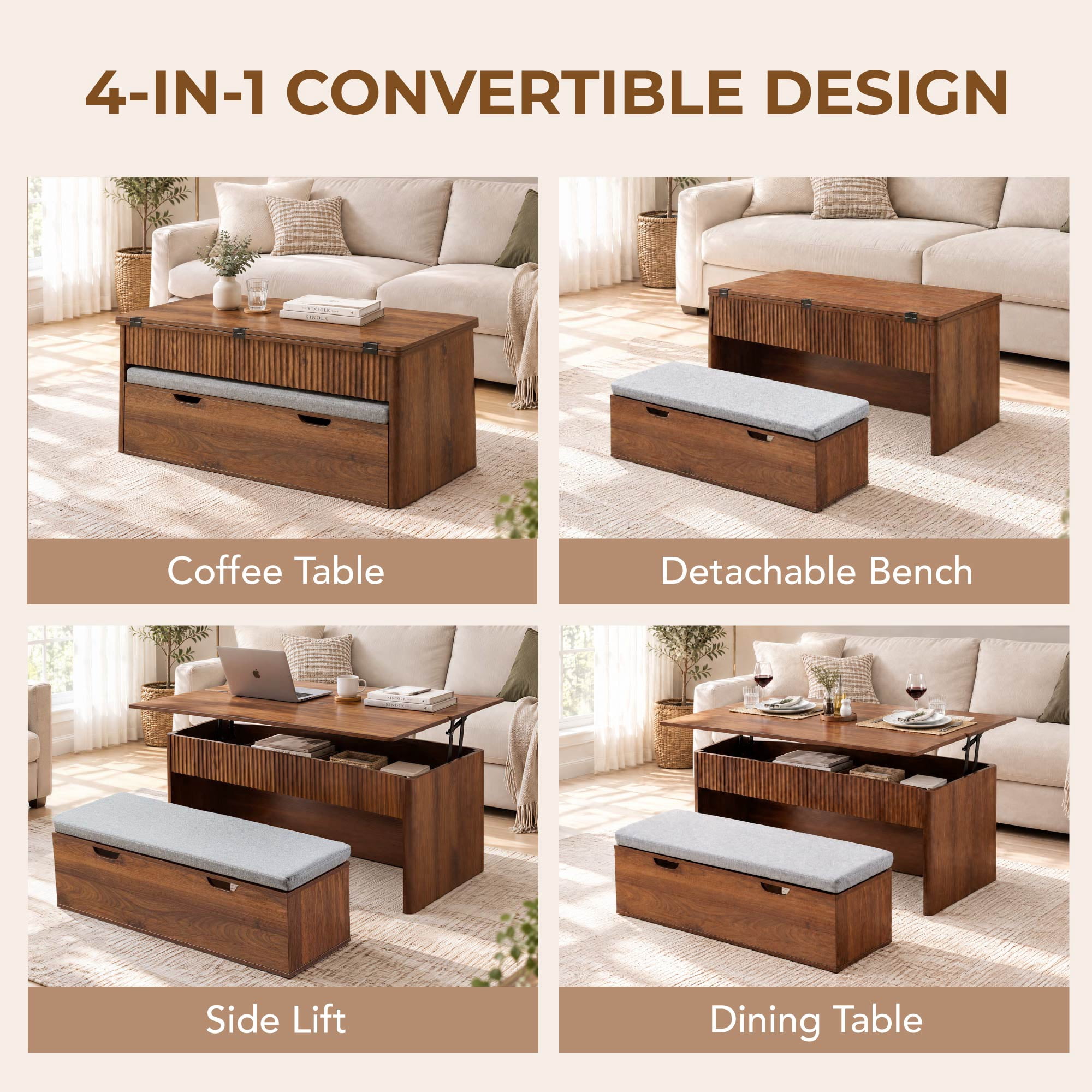 Spruce & Spring 47" Dual Lift Top Coffee Table with Upholstered Bench & Storage, 4-in-1 Convertible Work Table for Living Room & Apartment, Walnut