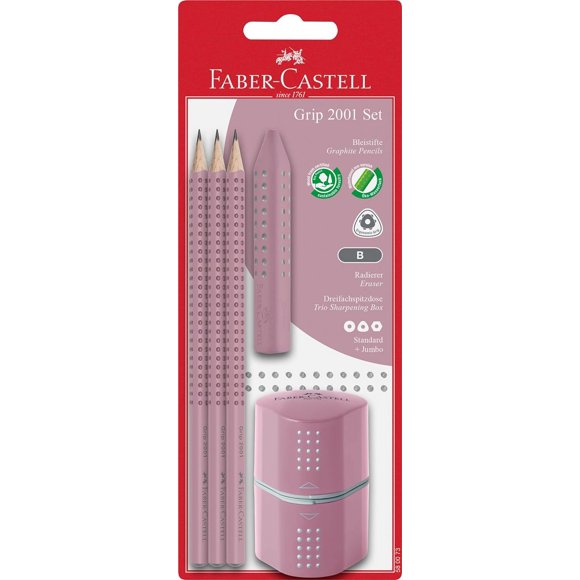 Faber-Castell Grip 2001 Pencil Set with Eraser and Sharpener - B Grade - Rose Shadows Pink