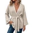 thumbnail image 2 of Vynhevius Women's Midi Length Cardigan Sweater Knit Solid Belted Waist Open Front Casual Long Sleeve Outerwear Tops, 2 of 7