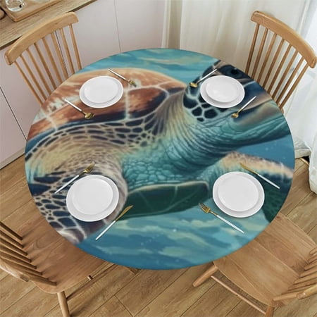 BANET Turtle Ocean Summer Round Tablecloth Edge Elastic Circle Tablecloth Waterproof Wipeable Table Cloth Durability Table Cove Fitted for Kitchen Outdoor Party Picnic Decor 54 -58