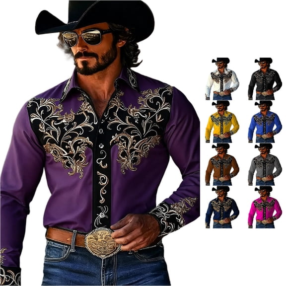 LIIPEE Western Cowboy Floral Graphic Shirt For Men Long Sleeve Turn Down Collar Button Up Shirts Male Comfortable Breathable Tops,L