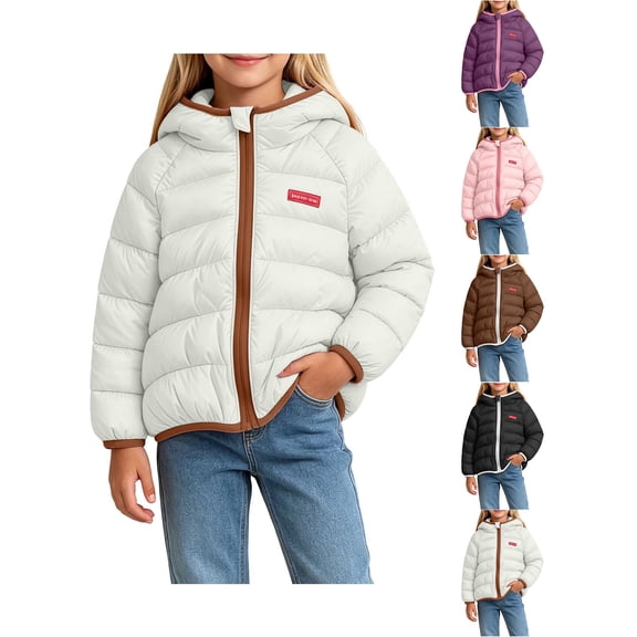 Puffer Jacket Zaewscy Girls Hooded Puffer Jacket Color Block Zip Up Windproof Casual Warm Outerwear Coat For Kids White 7-8 Years