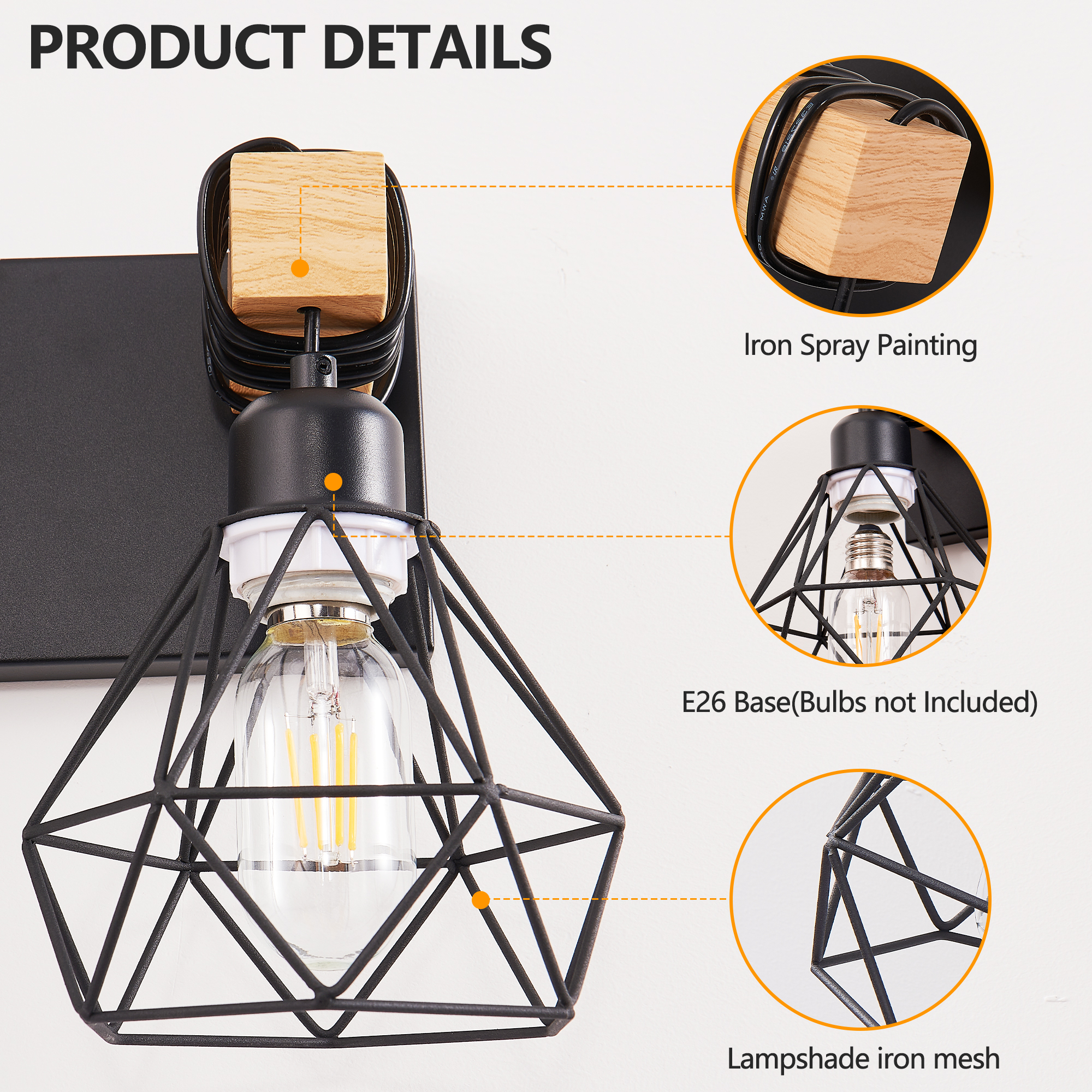 Leumius Modern Geometric 6-Light Vanity Light Fixture with Black Metal, Wooden Accents and Cage Lampshade for Bathroom, Bedroom, or Living Room (Bulb Not Included)
