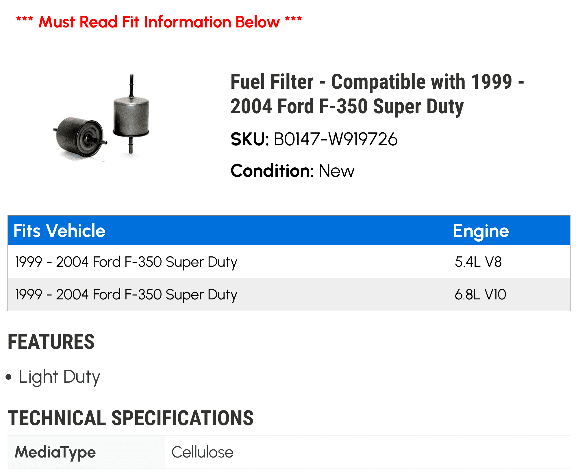 Fuel Filter - Compatible with 1999 - 2004 Ford F-350 Super Duty 2000 2001 2002 2003