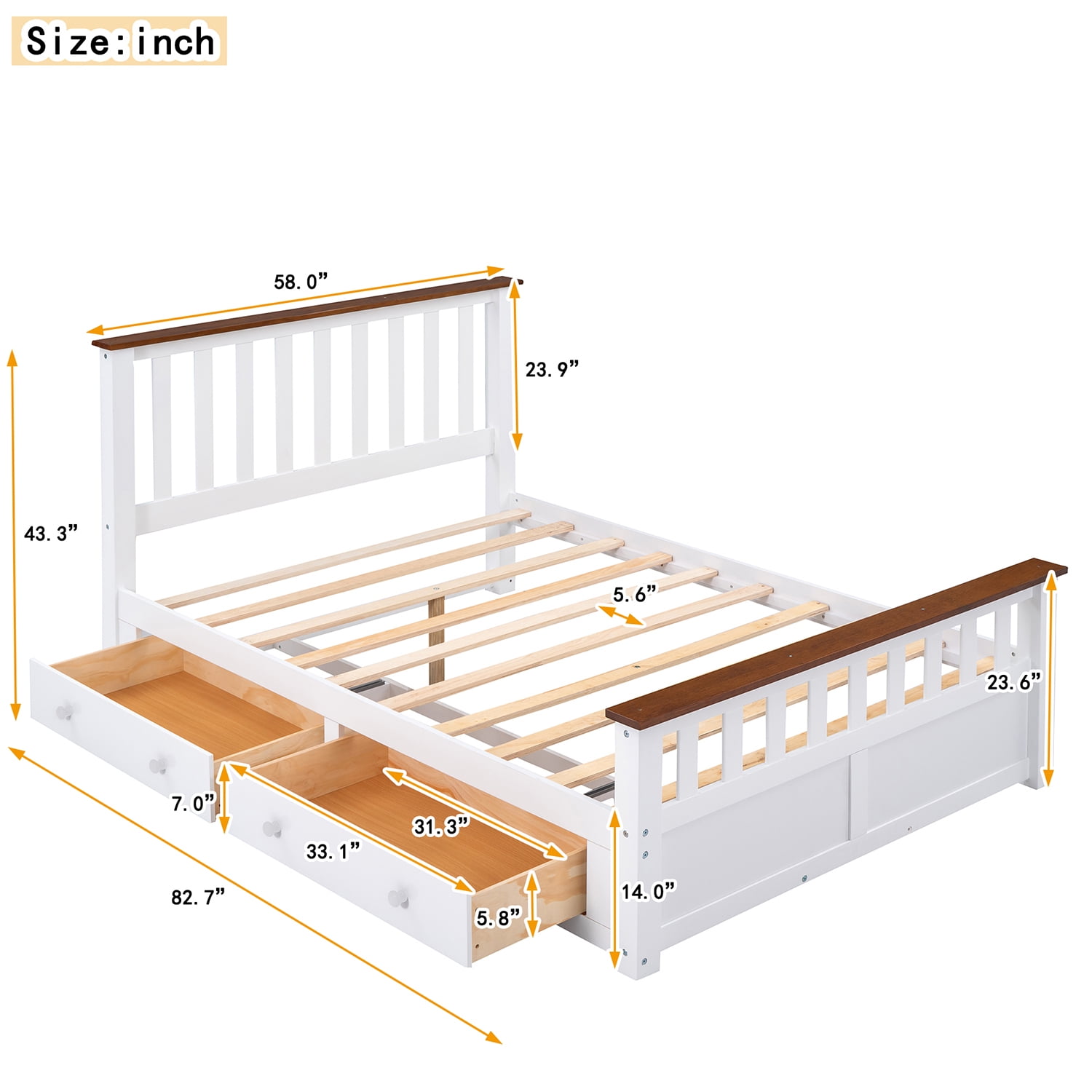 Kepooman Full Size Wood Platform Bed with Two Drawers and Wooden Slat Support, White & Walnut Kepooman Full Size Wood Platform Bed with Two Drawers and Wooden Slat Support, White & Walnut