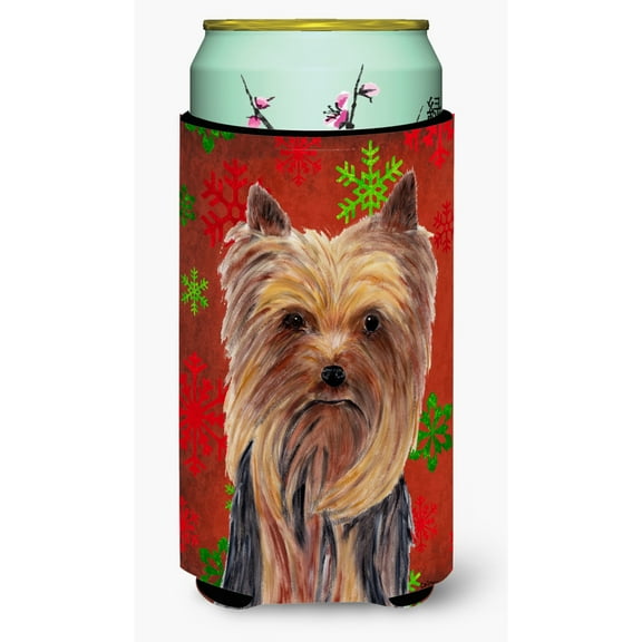 Yorkie Red and Green Snowflakes Holiday Christmas Tall Boy Hugger