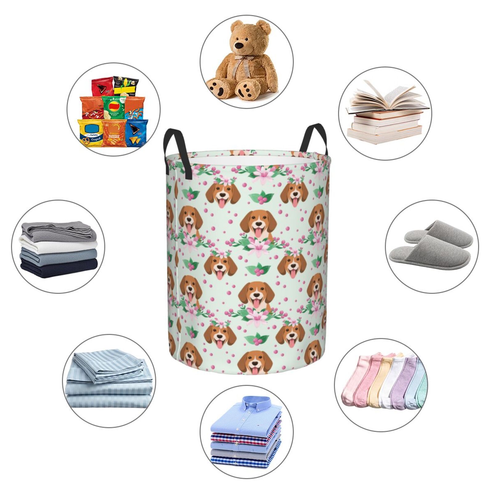 Large Laundry Basket with Handles - Beagle Dog pink flower Kids Baby Dirty Clothes Laundry Hamper for Bedroom Aesthetic