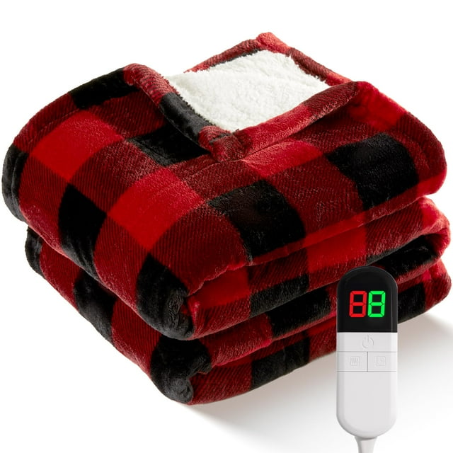 Electric Heated Sherpa Buffalo Plaid Christmas Throw Blanket with 8 Heating Levels & 8 Hours Auto Off, Fast Heating Warm Plush Washable Blanket with Over-