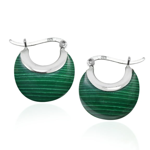 Chic and Sleek Green Malachite Crescent Moon on Sterling Silver Huggie Earrings