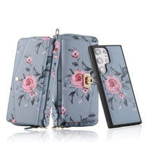 for Samsung Galaxy S22 Ultra Wallet Case - Magnetic Detachable Back Case with RFID Blocking Card Holder, Hand Strap & Crossbody Strap, Floral Flower PU Leather Flip Cover Case for Women Girls, Grey