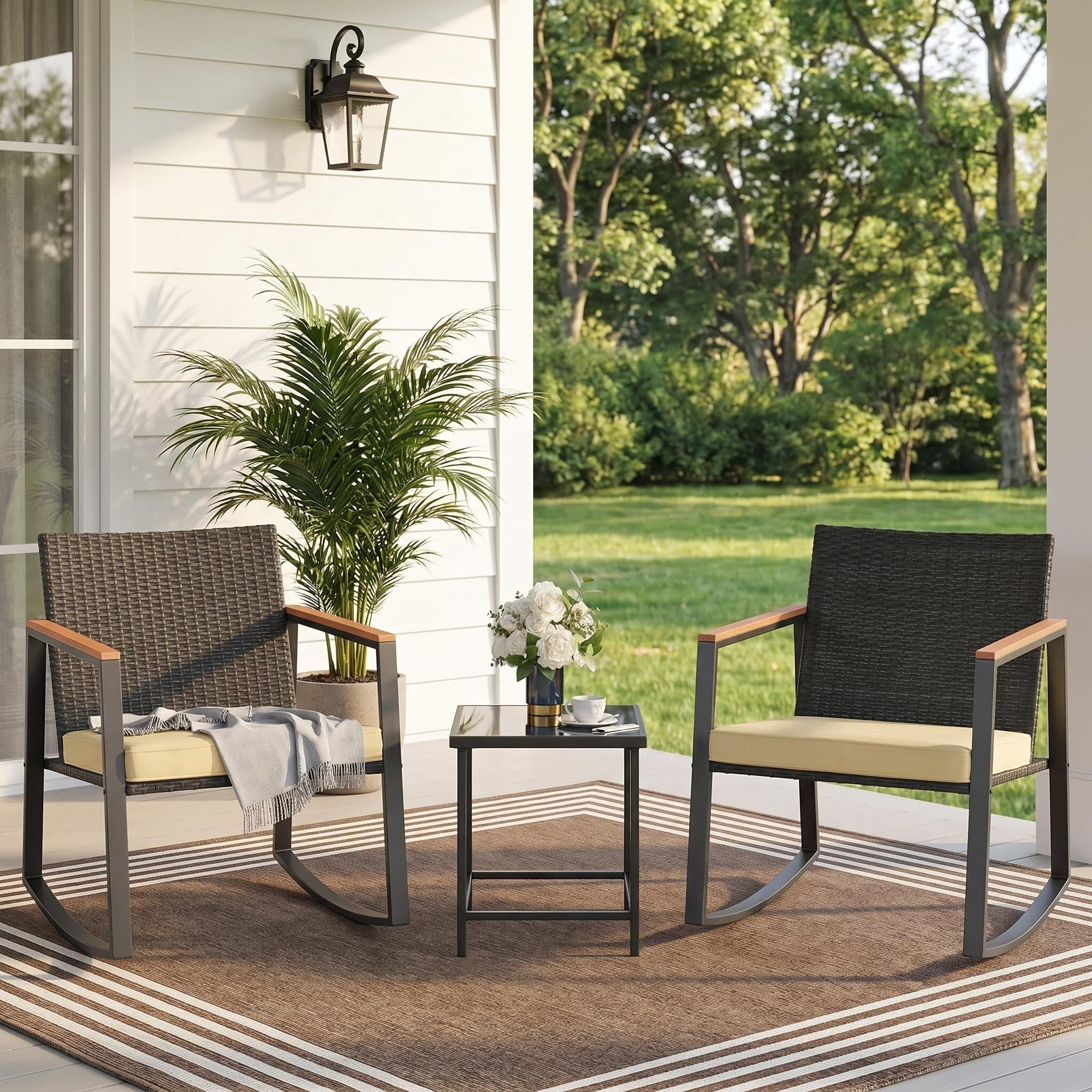 3-Piece Patio Furniture Set, Lofka Rocking Chair Set with Heat-resistant armrests, Includes Glass Table& Cushion-Perfect for Balcony|Deck, Yellow