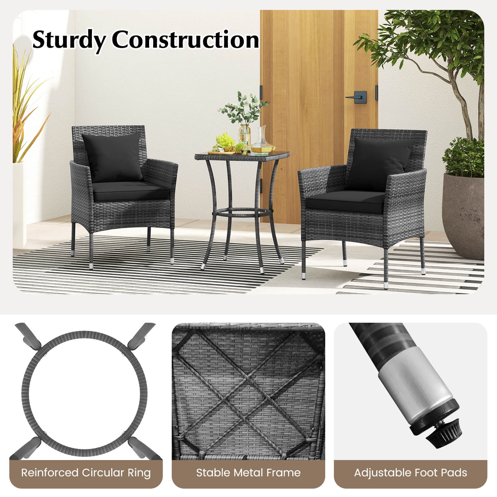 Costway 3 PCS Patio Furniture Set with Cushioned Patio Chairs & Tempered Glass Coffee Table Black