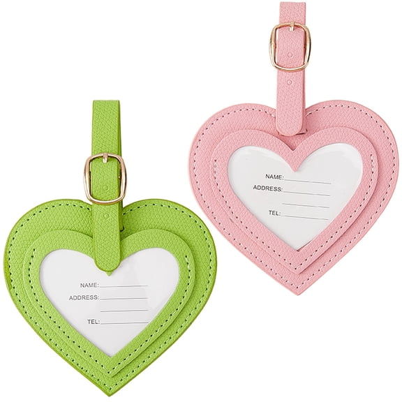 2 Colors PU Leather Travel ID Labels for Trip Heart Shaped Leather Luggage Tags Green Pink Suitcase Travel Bag Name Tags with Adjustable Buckle Strap