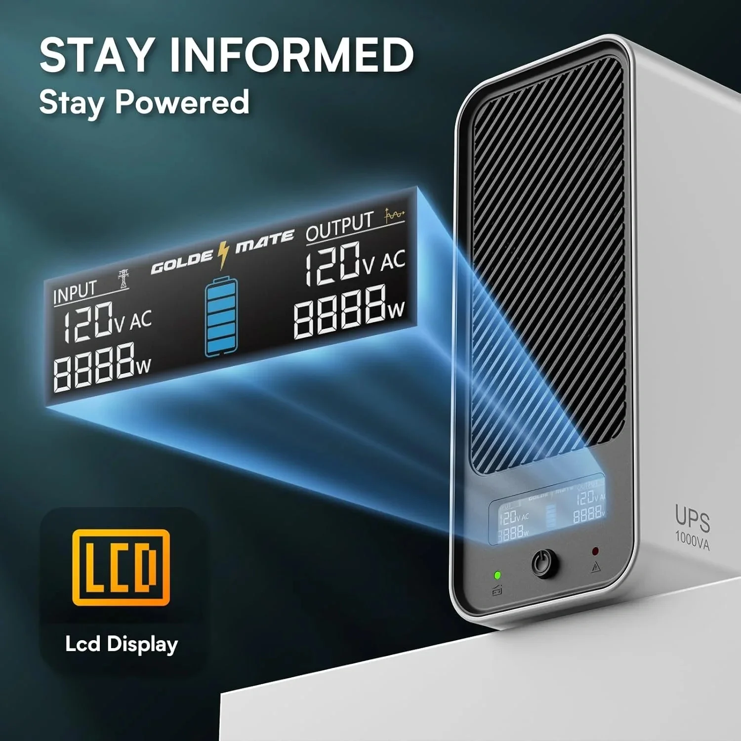 GOLDENMATE 1000VA/600W Lithium UPS Battery Backup & Surge Protector, 153.6Wh LiFePO4 Battery, Sine Wave, 10-Year Lifespan, 8 Outlets, LCD Display