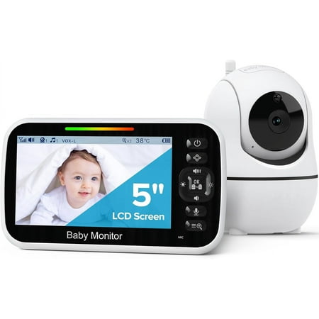 Video Baby Monitor, 1080P 5inch HD Baby Monitor with Camera and Wall Mount, Night Vision, 30 Hour Battery Life, 2 Way Audio, Temperature Sensor, Lullabies, 8 Lullabies, 960ft Range