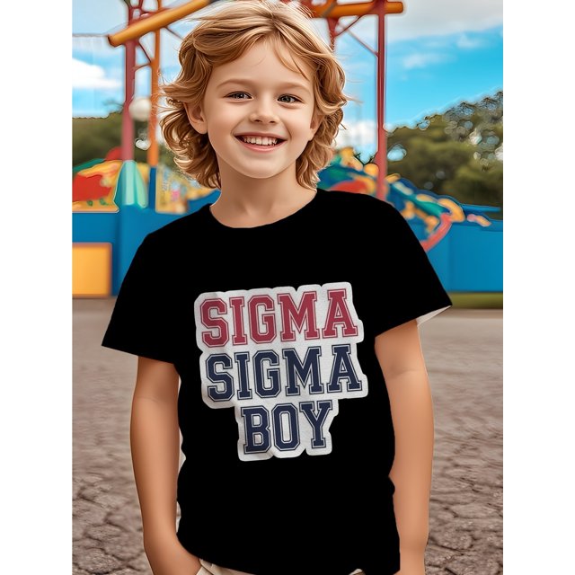Youth "Sigma Boy" Fun Letter T-Shirt - Vibrant Cartoon Character Print, Lightweight Cotton, Casual Summer Short Sleeve Tee for Outdoor Play, Machine Washable