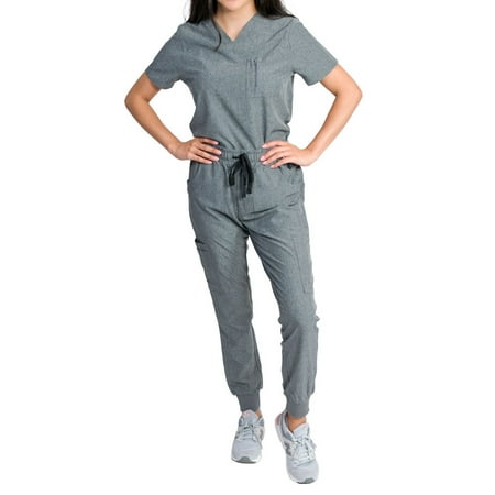 

Medgear Fleur Women s Stretch Scrub Set with Zip Pocket Top and Jogger Pants Heather Graphite X-Small