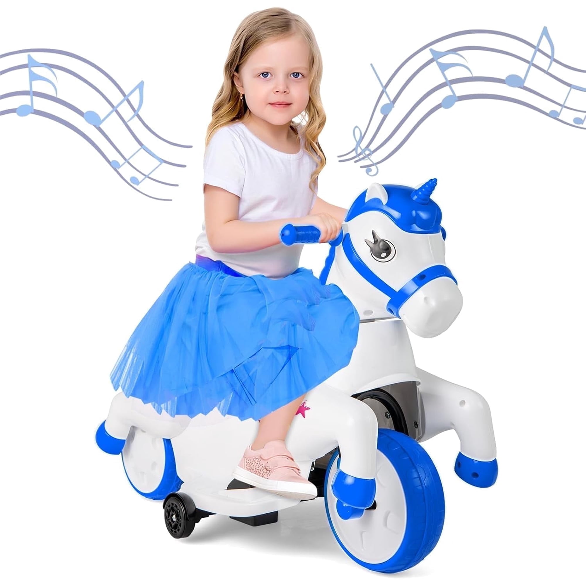 OLAKIDS 2 in 1 Ride on Motorcycle and Horse, Unicorn 6V Battery Powered Ride on Toy with Up & Down Function, MP3, Power Display, Training Wheels, Kids Electric Vehicle Aged 3-6 Years
