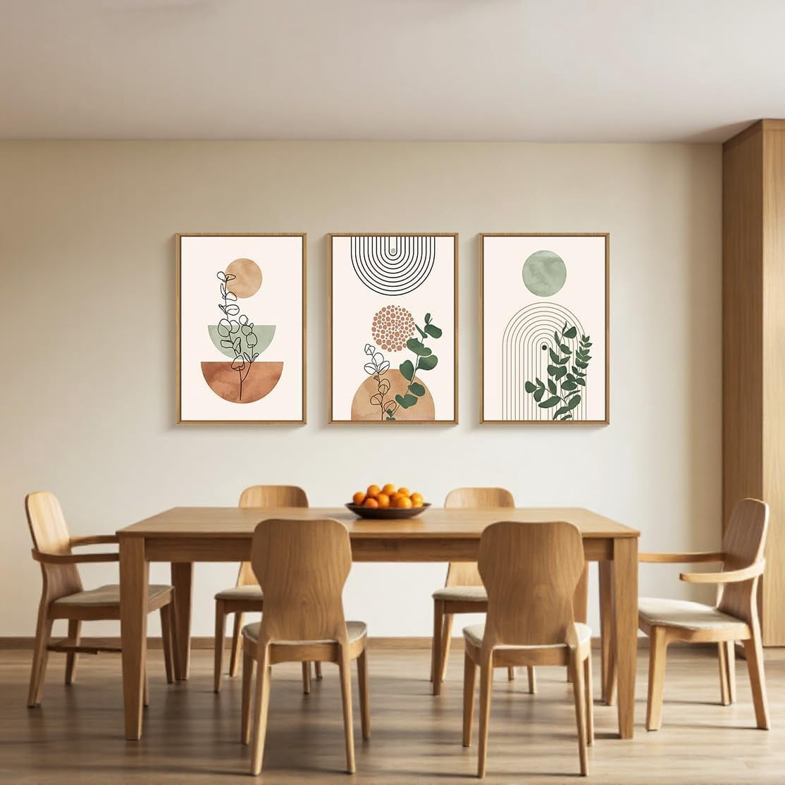 Boho Terracotta Green Framed Canvas Wall Art Set, Abstract Bohemian Wall Decor, Mid Century Modern Geometric Wall Painting, Neutral Botanical Art Print Living Room, Bedroom, Office 16"x24"x3