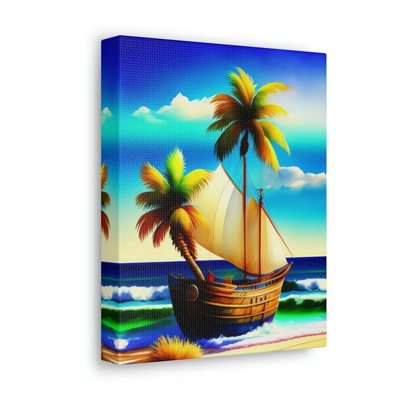 BeABetterHumanStore Blue Beach Boat Palm Tree Canvas Wall Prints Home Decor Room Art Painting Frame