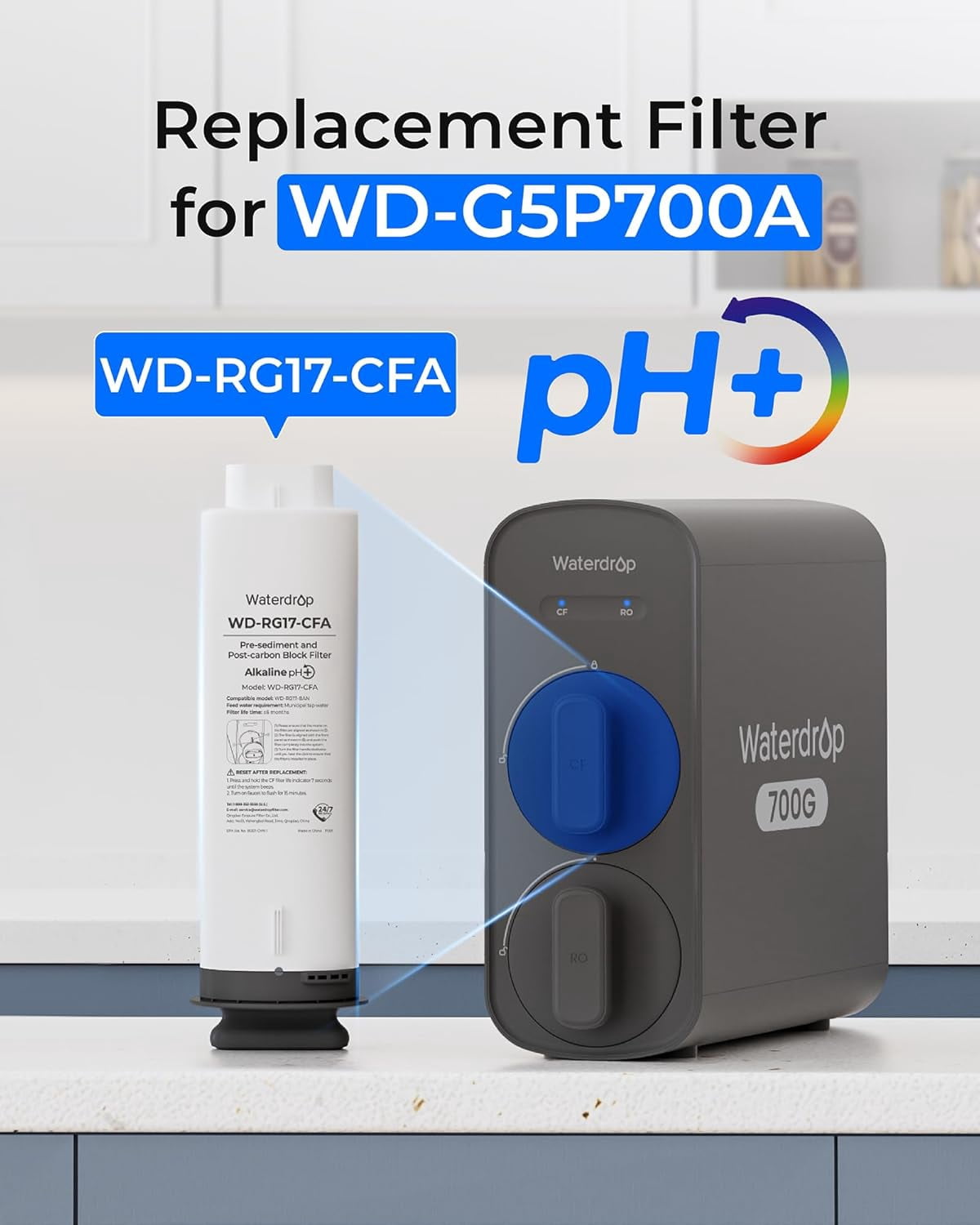 Waterdrop WD-G5P700A-CF Filter, Replacement for WD-G5P700A Undersink Reverse Osmosis System, 6-month Lifetime