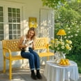 thumbnail image 3 of Ktaxon 49in Garden Bench with Grid-shaped, Black Wrought Iron Outdoor Patio Bench for Lawn, Yellow, 3 of 10