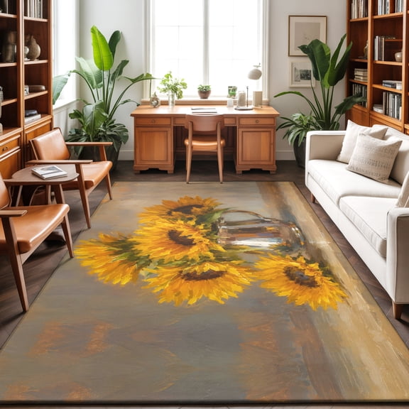 4'x6' Area Rugs, Sunflower Indoor Outdoor Area Rug for Living Room Bedroom, Vintage Yellow Botanical Floral Summer Washable Bathroom Rugs Kitchen Floor Carpet Mats Home Decor Aesthetic