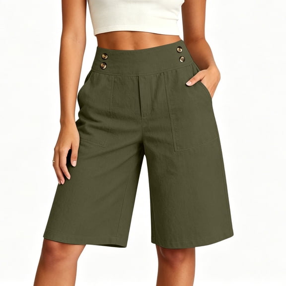 ClodeEU Women's High Waist Linen Blend Bermuda Shorts,Relaxed Straight Leg Knee Length Shorts with Pockets Army Green,Women's Plus L