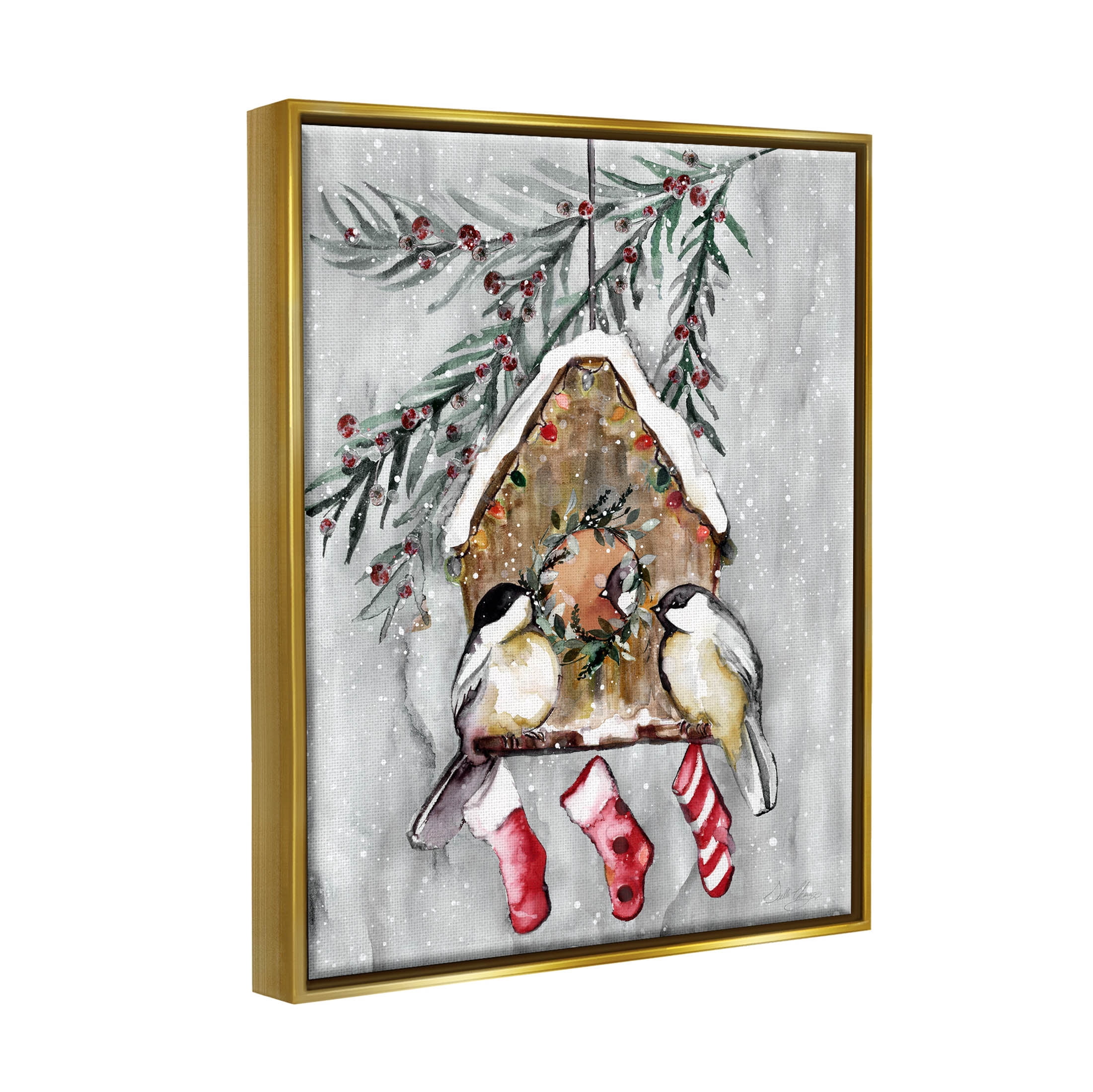 Stupell Industries Holiday Stockings Birdhouse Perched Graphic Art Metallic Gold Floating Framed Canvas Print Wall Art, Design by Stella Chang