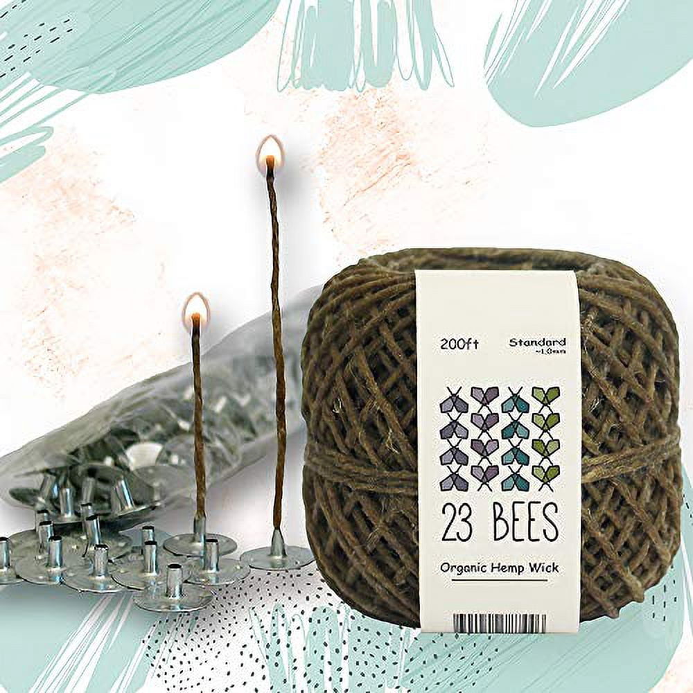 100% Organic Hemp Candle Wick 1.0mm Standard + Wick Sustainer Tabs 200pcs for Candle Making, 23 Bees, European Imported Hemp Spool 200ft with Natural Beeswax Coating