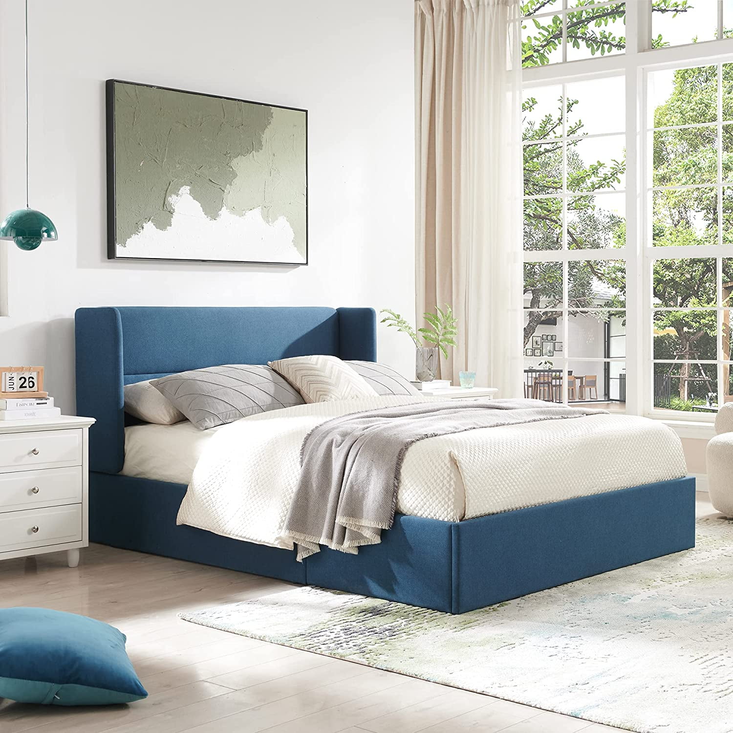 Relax & Rejuvenate Full Size Lift up Storage Bed, Upholstered Platform Bed Frame with Modern Linen Fabric Wingback Headboard, Wood Slats Support, Noiseless, Easy Assembly, No Box Spring Needed, Blue