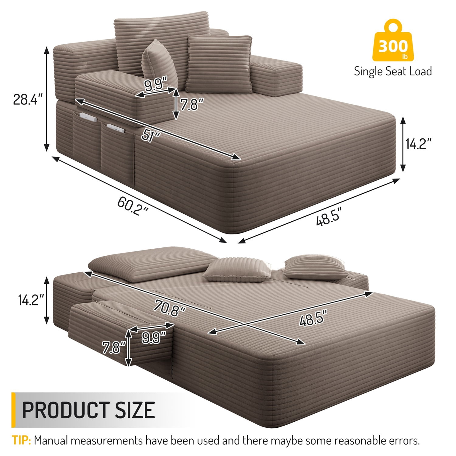 Hommoo Luxurious Plush Corduroy Chaise Lounge with 3 Pillows & Storage Pocket, Convertible Sofa Couch Bed Sleeper with Frameless Design & Compression Foam, Coffee