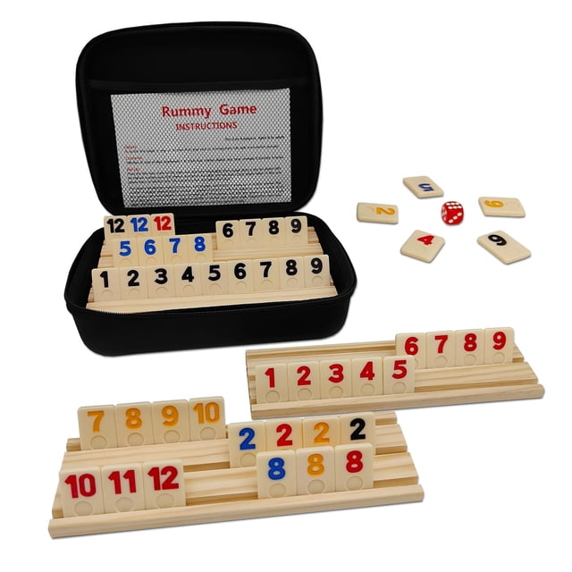 Juego Rummy Cube Tuvcany, 106 fichas con 4 estantes de madera, más de 8 pulgadas
