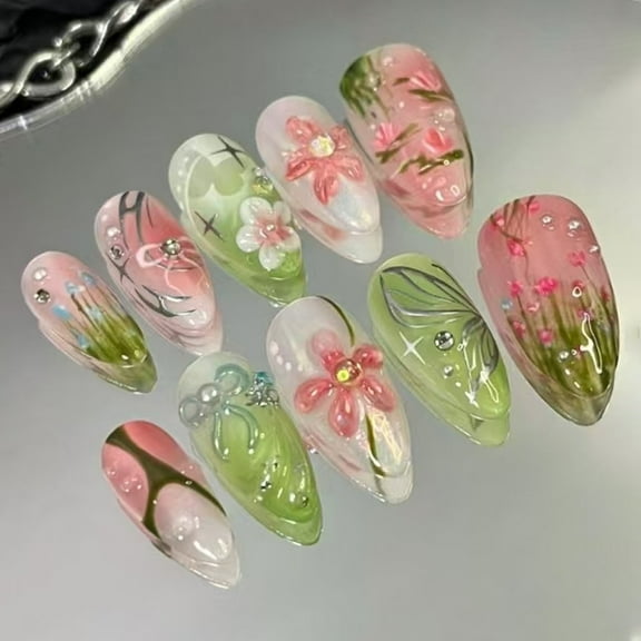 30Pcs 3D Blush Frosted Bubble Butterfly Starburst Fresh Press On Nails, Fashion Fake Nail Art Set