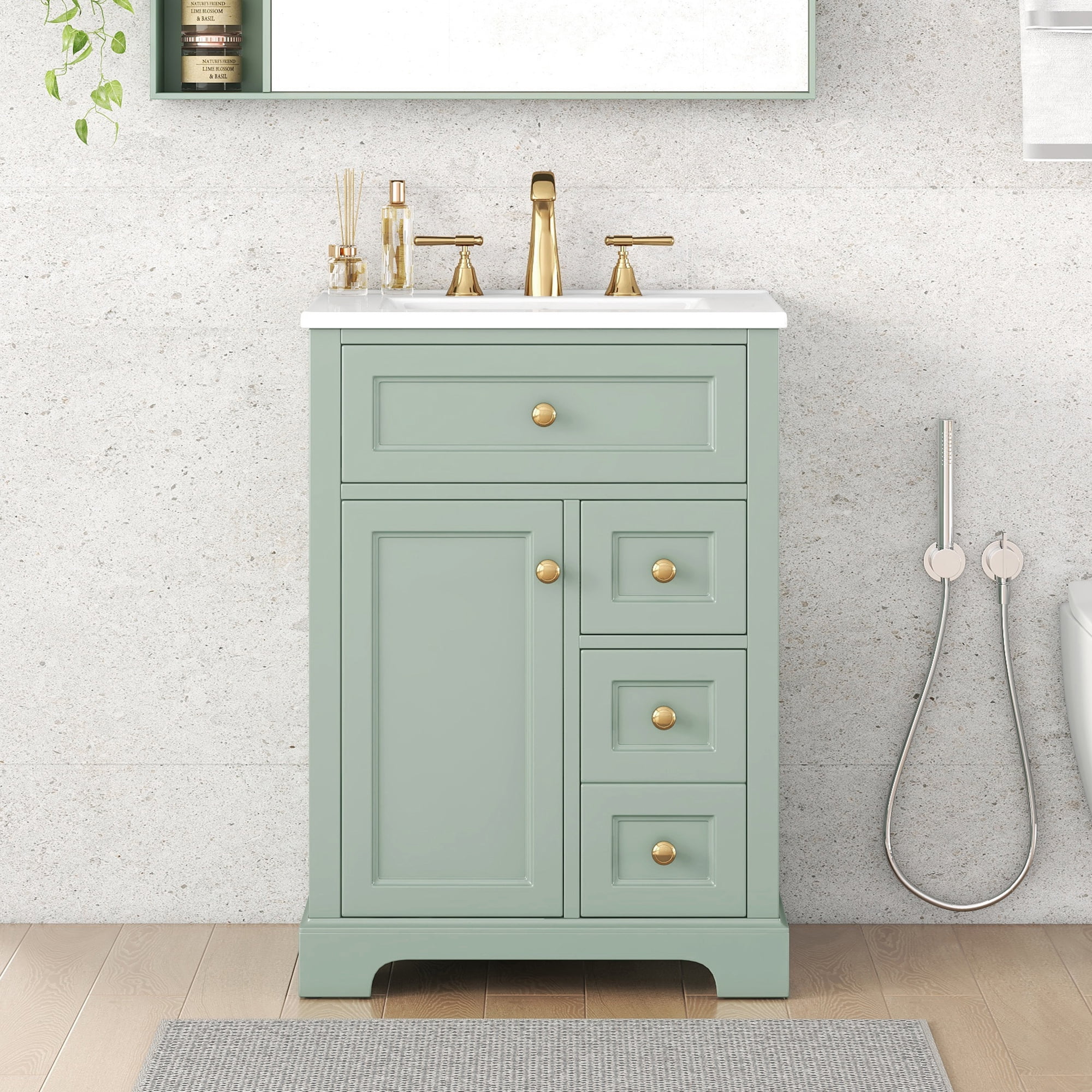 Euroco "24'' Green Bathroom Vanity with Sink, MDF & Pinewood Construction, 3 Drawers & Cabinet with 2-Tier Door Storage Rack, Soft-Close Door & Drawers, Modern Design