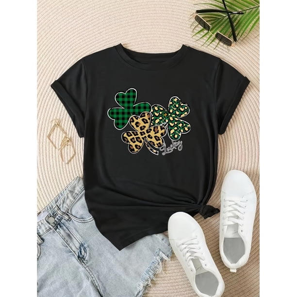 Women's Casual Four-Leaf Clover Print T-Shirt - Soft Cotton, Machine Washable, Round Neck, Non-Transparent with Leopard & Plaid Design - Perfect for All Seasons, Ladies T Shirts