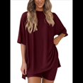thumbnail image 2 of Traje Casual de Dos Piezas para Mujer, Camisa Holgada de Verano, Pantalones Cortos de Ciclismo, Ropa de Viaje para el Aeropuerto. Vino Tinto L, 2 of 6