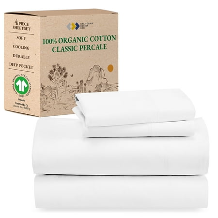 California Design Den Queen Sheets  100% Organic Cotton Sheets - GOTS Certified  Percale Sheets - Soft  Crisp & Cooling Sheets  Deep Pockets  4 Piece Bed Sheet Set  Bright White