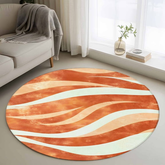 Round Rugs 4Ft, Burnt Orange Waves Round Area Rug Washable Indoor Throw Carpet, Ombre Sea Ripples Shabby Beach Soft Non Slip Circle Rug for Kitchen Nursery Room Home Decor Aesthetic