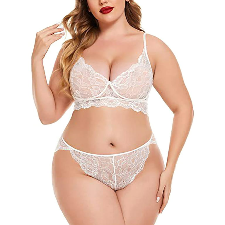 Aayomet Lingerie for Women Plus Size Women Plus Size Lingerie Lace Bodysuit  Exotic Teddy Lingerie Strappy Bra And Panty,White L 