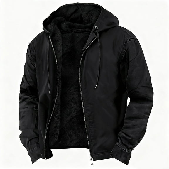 Fnnxeal Mens Fall Jackets Fleece Long Sleeves Casual Outwear Hoodide Multi-Pockets Black Jackets for Men Size 2XL