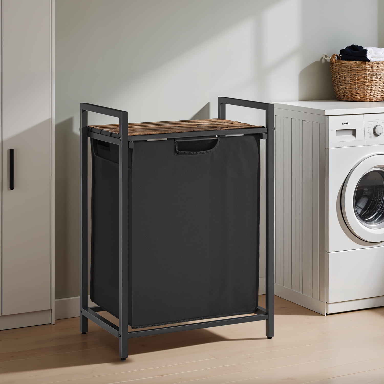 LEDREM Space-Saving Laundry Hamper with Shelf & Removable Bags, 17.2 Gallon Capacity, Metal Frame, for Small Spaces, Black and Rustic Brown