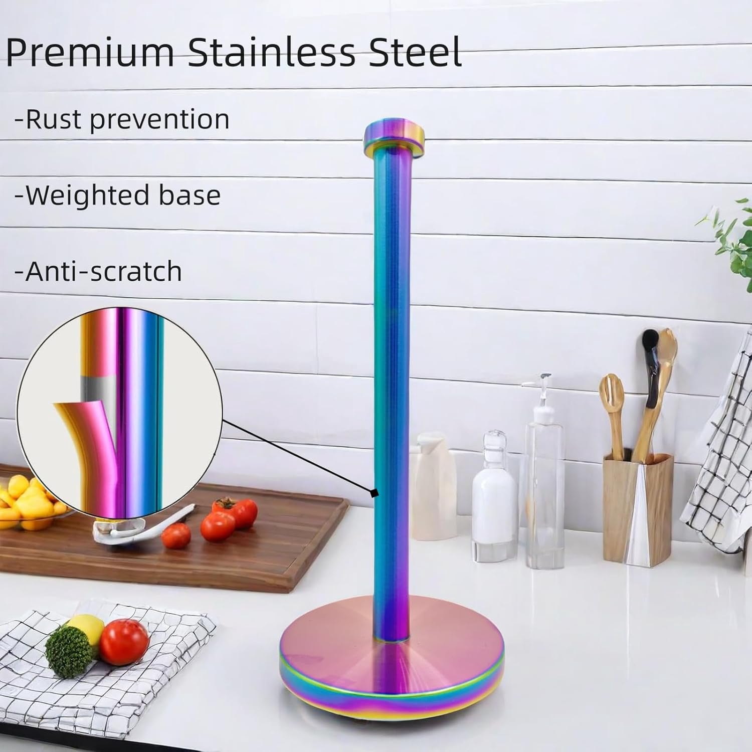 Stainless Steel Paper Towel Holder Countertop, Rainbow Kitchen Roll Holder Stand with Weighted Base Removable Top for a Variety of Paper Towels