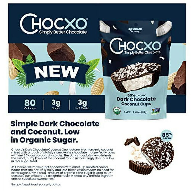 Chocxo Dark Chocolate Coconut Cups, Low in Real Sugar, Organic